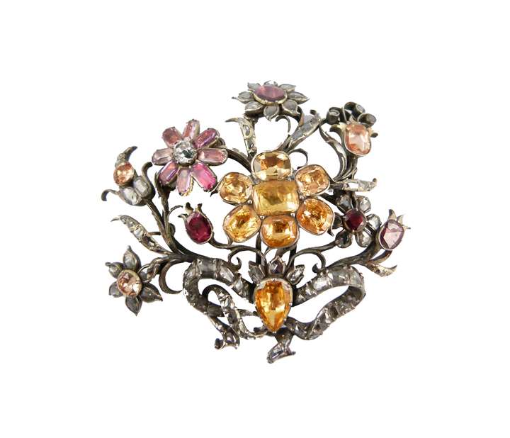18th century foiled multi-gem and diamond floral spray brooch